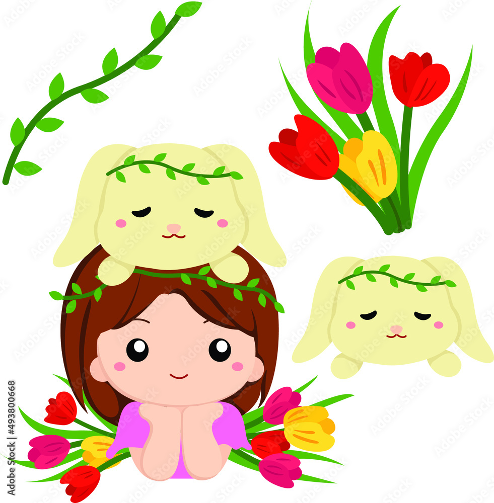 child with pet bunny rabbit with flowers child with pet bunny rabbit with flowers