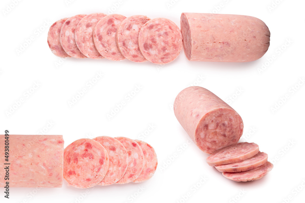 Boiled sausage isolated on white background. Slices. Boiled sausage isolated on white background. Slices.
