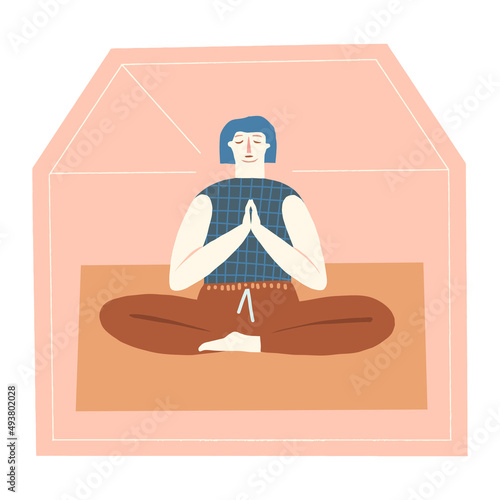 Women doing meditation, stay in peaceful mind state at home in self isolation quarantine during coronavirus epidemic illustration. Vector illustration