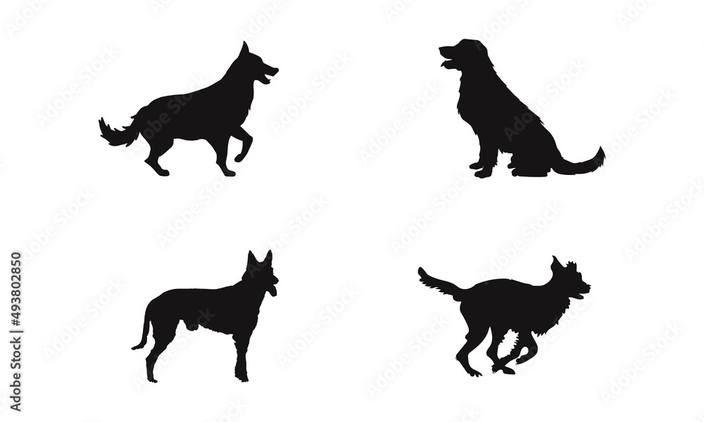 Collection of vector silhouette different breeds of dogs on white background.
