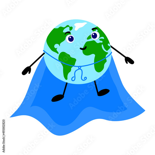 Planet Earth in a cape is a superhero. Ecological illustration with character for Earth Day, Environment Day
