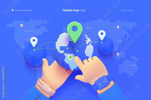 The hand selects a location on the map. World map user interface. Mobile application for travel and tourism. Country statistics. Global map of the world. Vector illustration 3d style