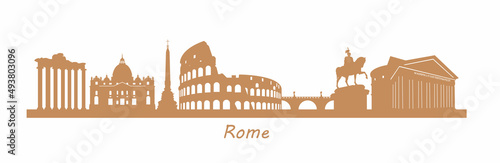 Famous Rome landmarks and historical buildings such as Colosseum, Pantheon, St. Peter's Basilica. Panoramic view of Rome, city silhouette. Vector illustration.