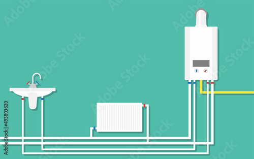 System of water with pump, pipes, boiler for house. Boiler for heating house pipe and pump for plumbing. Radiator for heating room. Bathroom and faucet vector