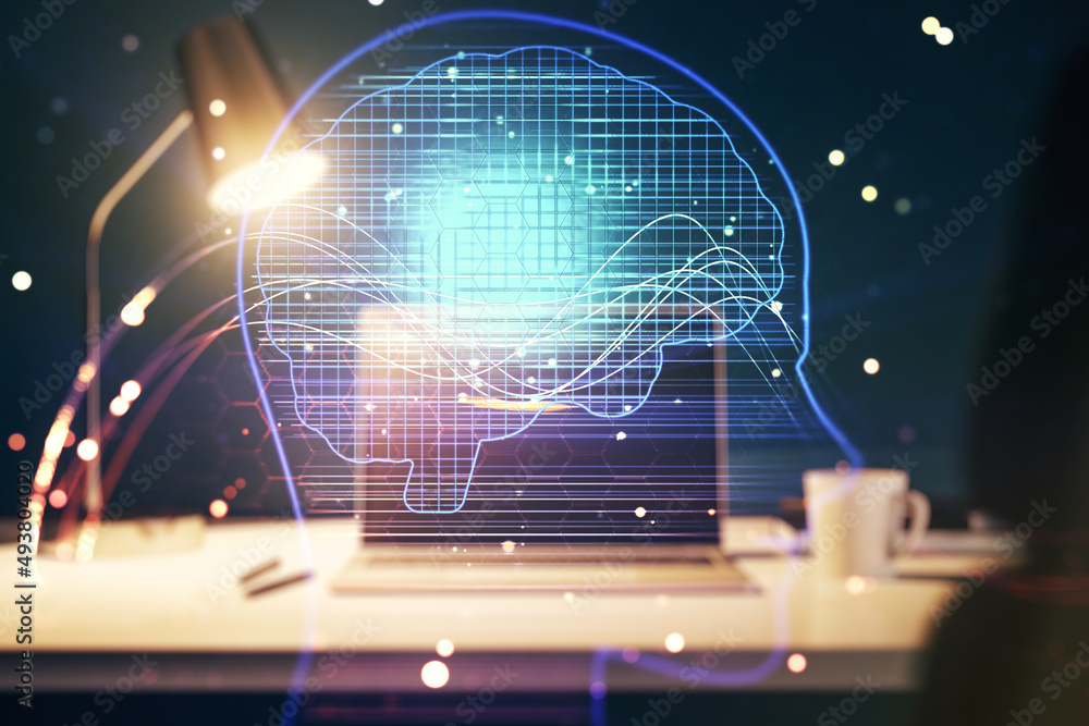 Obraz premium Double exposure of creative human head microcircuit with computer on background. Future technology and AI concept