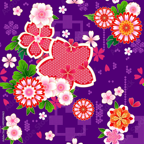 Japanese spring floral background in traditional kimono style