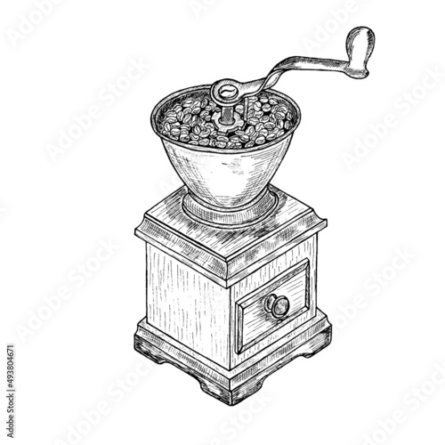 Vintage Manual coffee grinder hand drawing ,sketch.