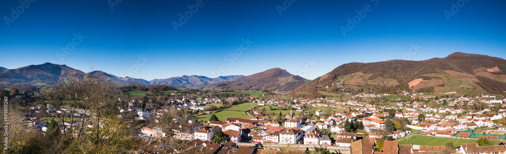 Panoramic view of the town of Saint Jean Pied de Port, in the French Pyrenees. Pilgrims have been passing through the town since the 10th century, on their way to the tomb of Santiago de Compostela (S