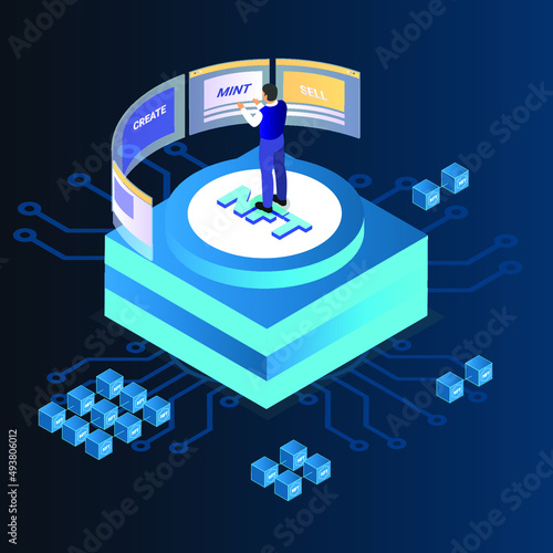 Create - mint - sell NFT Non Fungible Token isometric 3d vector icon concept for banner, website, illustration, landing page, flyer, etc.
