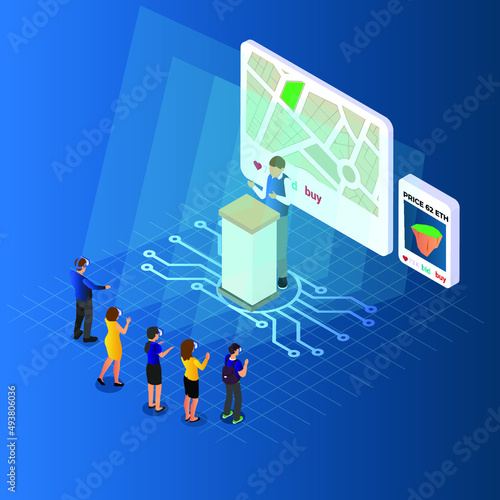 Land auction in metaverse isometric 3d vector icon concept for banner, website, illustration, landing page, flyer, etc.