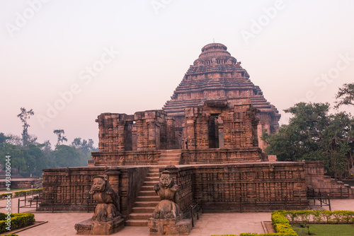 Ruins of dancing hall in front of 800 year old Sun Temple, Konark, India. Designed as a chariot consisting of 24 wheels which are sundials to measure movement of sun and planets photo
