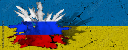 A symbol of the bombing of Ukraine by Russia. Textures of flags of Ukraine and Russia. 3d rendering.