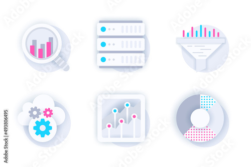 Data analysis web concept of 3d paper icons set. Pack flat pictograms of searching statistics, database hardware server, funnel, settings, diagram and chart. Vector elements for mobile app and website