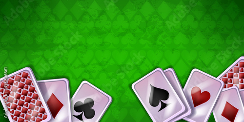 Casino poker table background, vector green cloth texture, online gambling game banner, cards, suit. Vegas velvet top view, UI lucky felt wallpaper, diamonds, clubs, spades. Casino cloth board