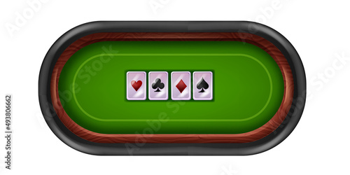 Green poker table vector background, wooden round frame, casino blackjack card game UI illustration. Playing cloth surface online gambling board, card velvet texture top view. Royal blank poker table