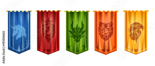 Game flag set, vector medieval royal banner, ancient knight pennant icons kit, UI team house signs. Fantasy heraldic animal heads, unicorn, green dragon, king lion, yellow eagle. E-sport game flags