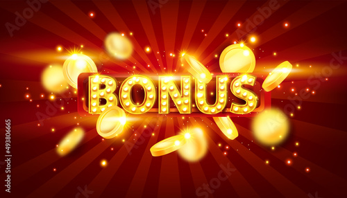 Casino bonus banner, vector red promotion jackpot prize background, golden flying coin, light bulbs. Special winner discount illustration, extra gift lucky sign online gambling game logo. Casino bonus