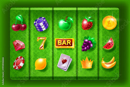 Casino 5-reel slot game, vector gambling machine icons set, 3D Vegas classic badge kit, fruit, chips, crown. Online entertainment UI background, lucky gold prize, bar, cards. Casino icon collection