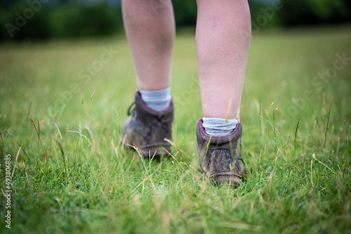 Close up of a pair of Walking Boots. Shallow depth of field. English Countryside
