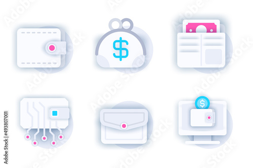 Wallet web concept of 3d paper icons set. Pack flat pictograms of different types of wallets, cash storage, money savings, online services and payment. Vector elements for mobile app and website