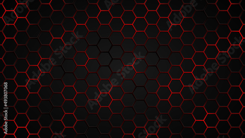 Abstract Futuristic background with hexagons . dark sci-fi hi-tech wallpaper with red lights .