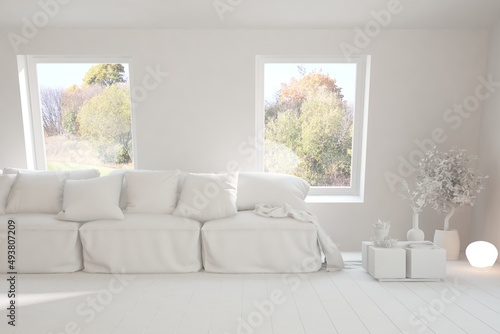 Mock up of stylish room in white color with sofa. Scandinavian interior design. 3D illustration © AntonSh
