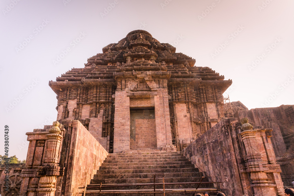 800 year old Sun Temple, Konark Odisha, India. Designed as a chariot consisting of 24 wheels which are sundials to measure movement of sun and planets. Unesco World Heritage Site.