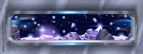 Spaceship window view, future spacecraft interior, vector alien planet rock stone meteorite surface. Purple neon galaxy game background, shuttle frame, night sky stars, flare. Metal spaceship window