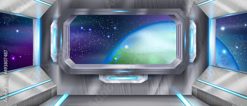 Space ship cockpit interior, shuttle window Earth view, vector futuristic alien spacecraft background. 3D game sci-fi background, metal frame, neon lights station base. Space ship fantasy hi-tech room
