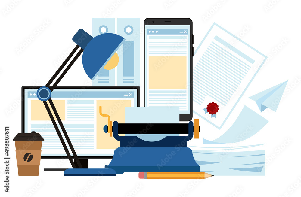 Online service or platform for journalism, online publications, blogs, reviews and libraries. Typewriter on the background of a computer and phone. Flat vector illustration.