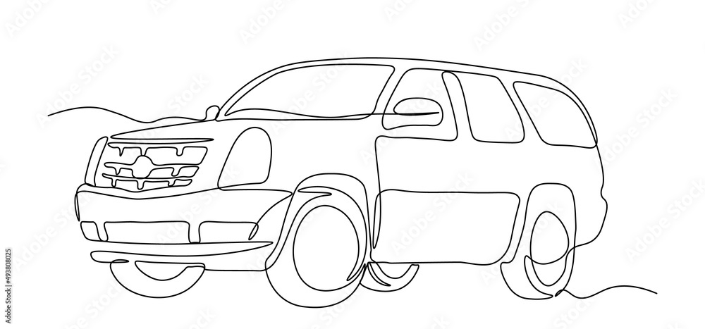 Single line drawing of 4x4 wheel drive tough jeep car. Adventure offroad rally vehicle transportation concept. One continuous line draw design