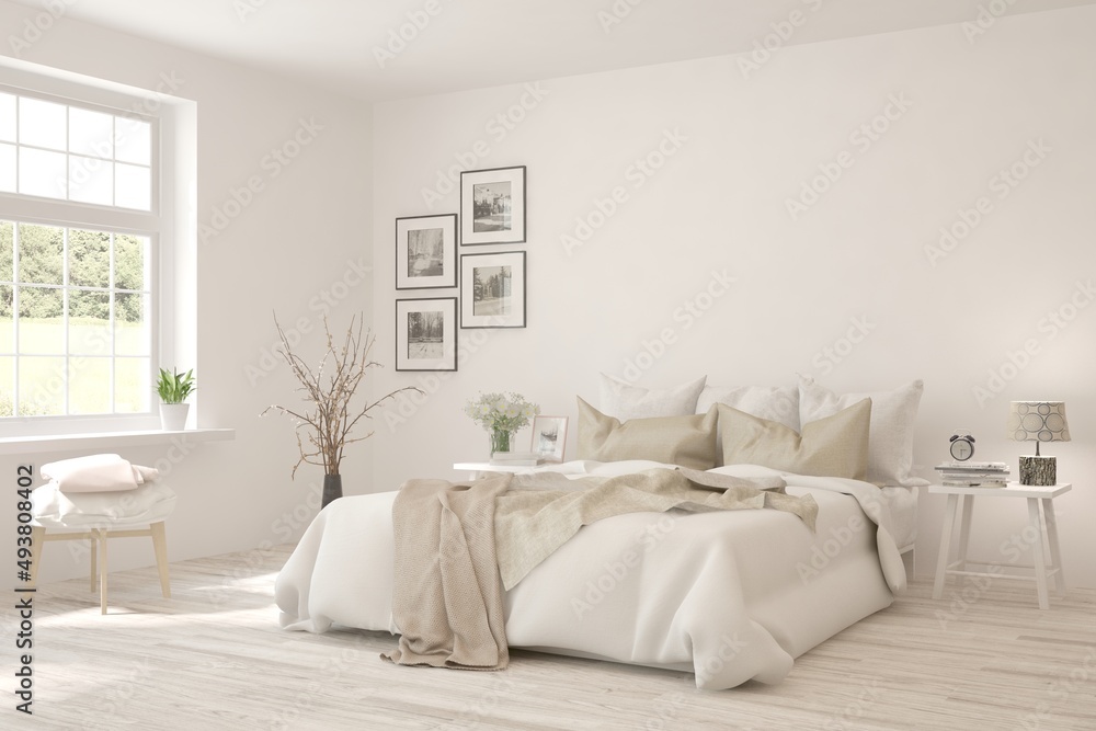 Fototapeta premium Soft color bedroom interior. Scandinavian design. 3D illustration