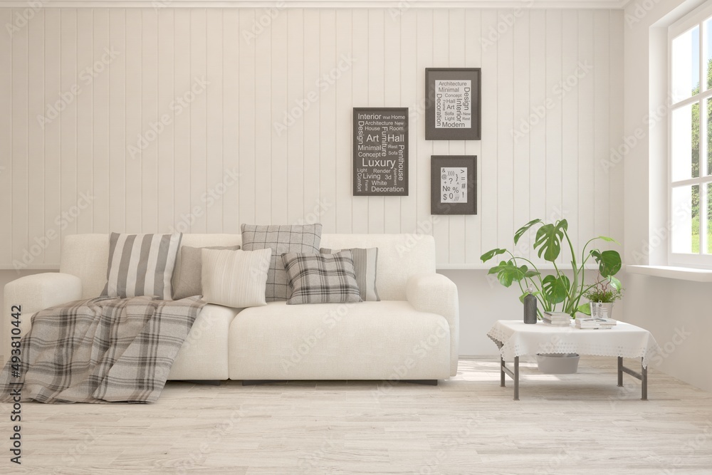 Obraz premium White living room with sofa. Scandinavian interior design. 3D illustration