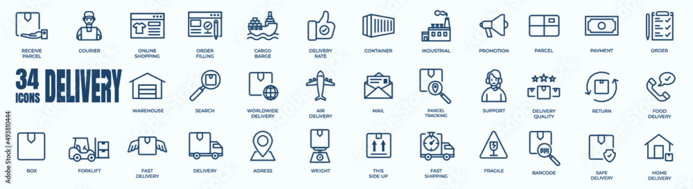 Delivery icon set for the cargo company logo. Vector illustration included icon as courier, door contact less delivering, warehouse and fast delivery stroke pictogram. Delivery icon set for the cargo company logo. Vector illustration included icon as courier, door contact less delivering, warehouse and fast delivery stroke pictogram.