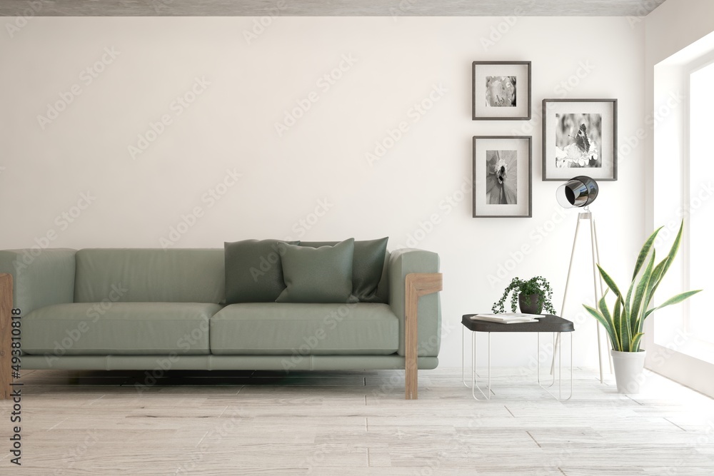 Fototapeta premium Stylish room in white color with sofa. Scandinavian interior design. 3D illustration
