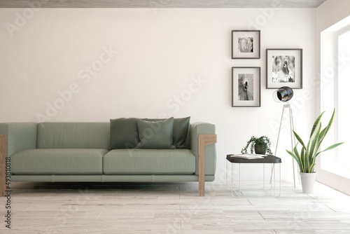 Stylish room in white color with sofa. Scandinavian interior design. 3D illustration