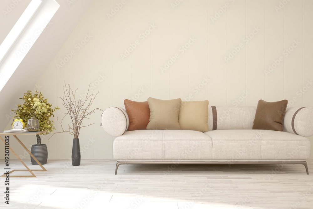 White living room with sofa. Scandinavian interior design. 3D illustration White living room with sofa. Scandinavian interior design. 3D illustration