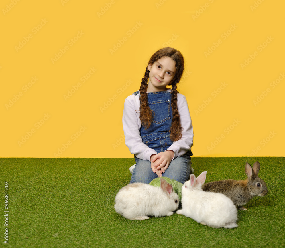 Little schoolgirl is lying down playing with the bunnies in the studio, yellow background. Copy space. Little schoolgirl is lying down playing with the bunnies in the studio, yellow background. Copy space.