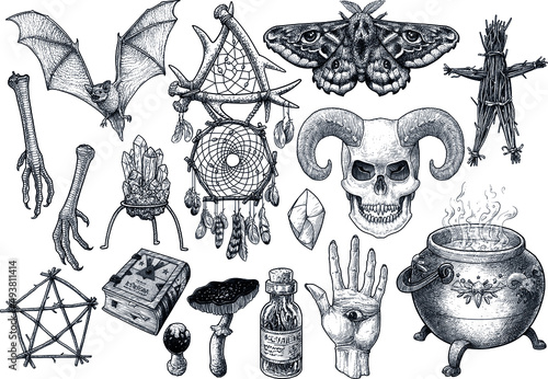 Witchraft items collection illustration, drawing, engraving, ink, line art, vector photo