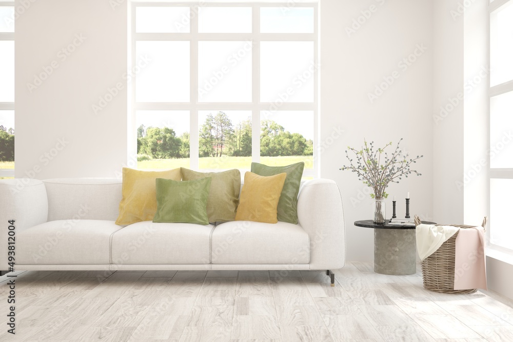 White living room with sofa and summer landscape in window. Scandinavian interior design. 3D illustration White living room with sofa and summer landscape in window. Scandinavian interior design. 3D illustration