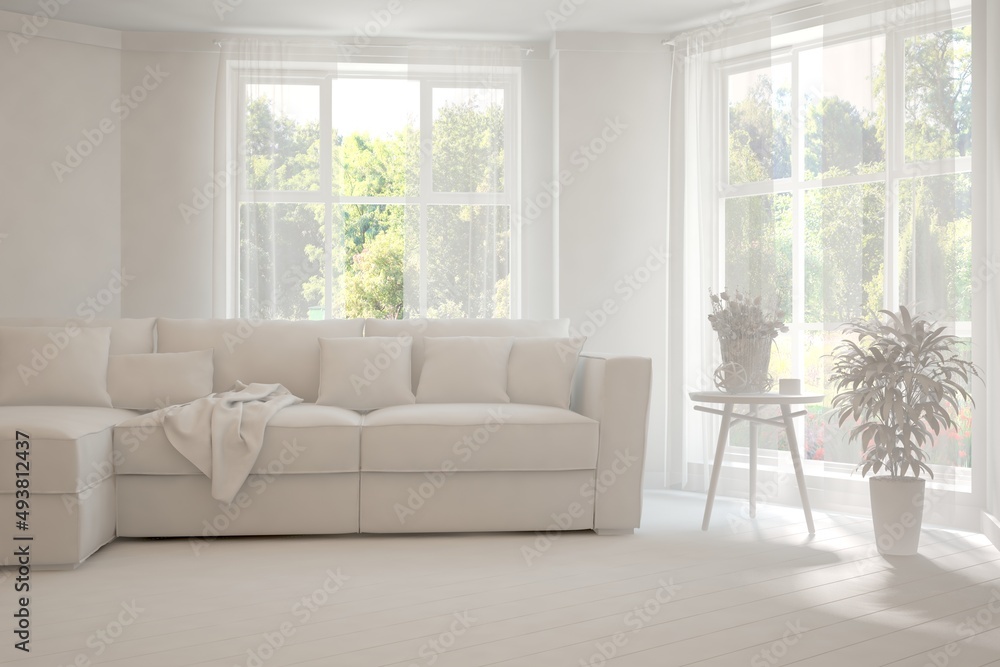 Mock up of stylish room in white color with sofa and green landscape in window. Scandinavian interior design. 3D illustration Mock up of stylish room in white color with sofa and green landscape in window. Scandinavian interior design. 3D illustration