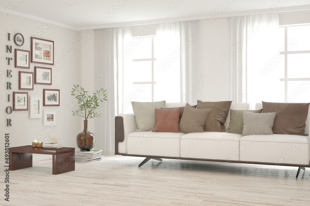 Fototapeta premium White living room with sofa. Scandinavian interior design. 3D illustration