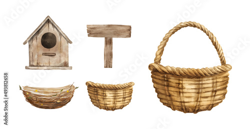 Set of watercolor basket, bird nest, small wooden house and sign. Decorative vintage elemetns vector illustration