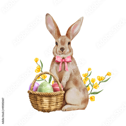 Cute Easter Bunny Watercolor hand drawing isolated. Adorable rabbit vector illustration