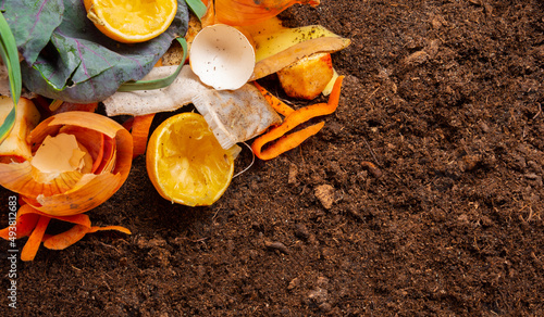 organic compost - biodegradable kitchen waste and soil photo