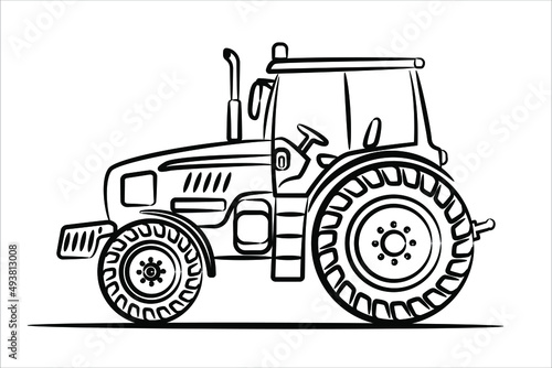 A hand drawn line art of a tractor. Outline agrimotor, side view. Modern flat vector illustration. Side view of modern farm tractor
