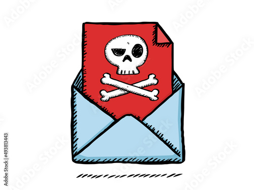 Colorful sketch style doodle illustration of email with virus icon. 