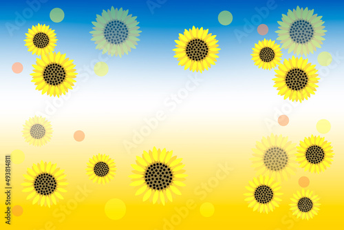 Yellow-blue gradient background and abstract field of sunflowers. Place for text. Ukraine peace sign concept.