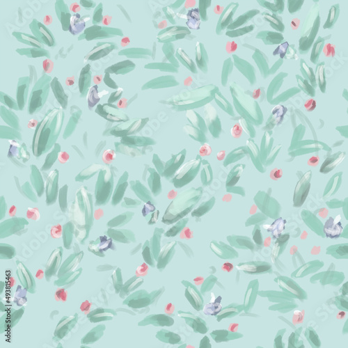 Abstract roses and leaves on mint background. Watercolor seamless pattern.