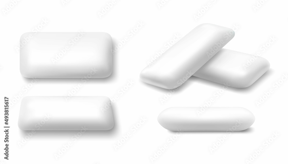 White mint chewing gum set for ads and package element, Chewing bubble gum mockups, Chewing pads isolated on white background, 3d vector realistic illustration White mint chewing gum set for ads and package element, Chewing bubble gum mockups, Chewing pads isolated on white background, 3d vector realistic illustration